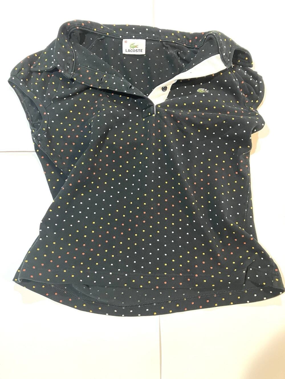 Lacoste Polo Shirt Womens Size 40 Black Stretch Polka Dot Cap Sleeve Croc Logo